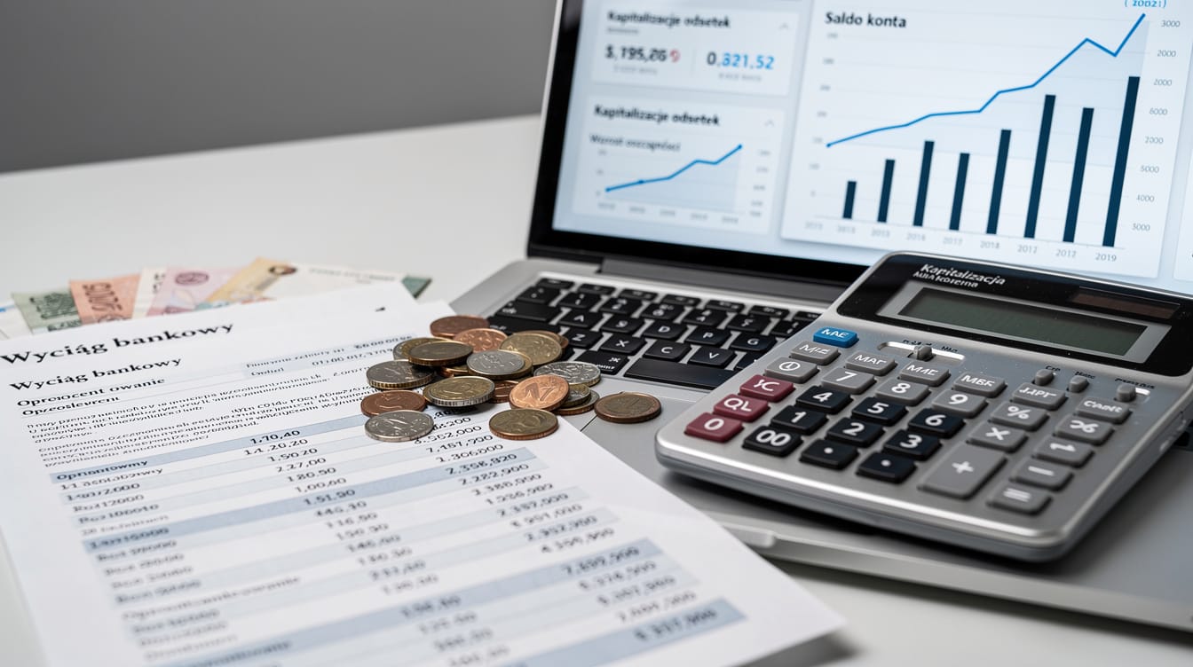 Wyciąg bankowy, kalkulator oraz porozrzucane monety i banknoty leżą na biurku obok laptopa wyświetlającego informacje finansowe i wykresy. Dokumenty i waluta są w języku polskim, odzwierciedlając szczegóły dotyczące kapitalizacji odsetek na koncie bankowym.