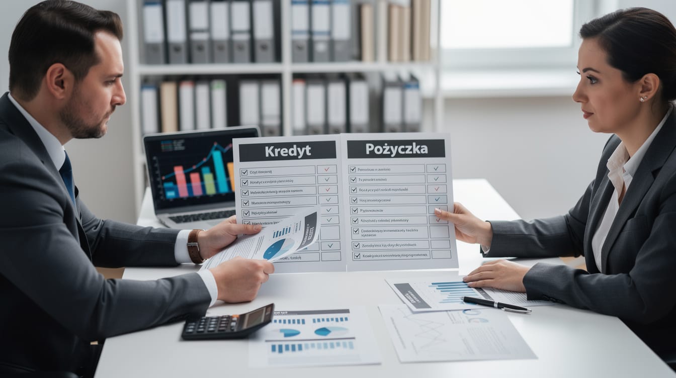 Dwóch profesjonalistów biznesowych siedzi przy biurku, porównując dokumenty oznaczone jako "Kredyt" i "Pożyczka", dyskutując między sobą o Różnicach, z wykresami, wykresami, materiałami biurowymi na stole i segregatorami w tle.