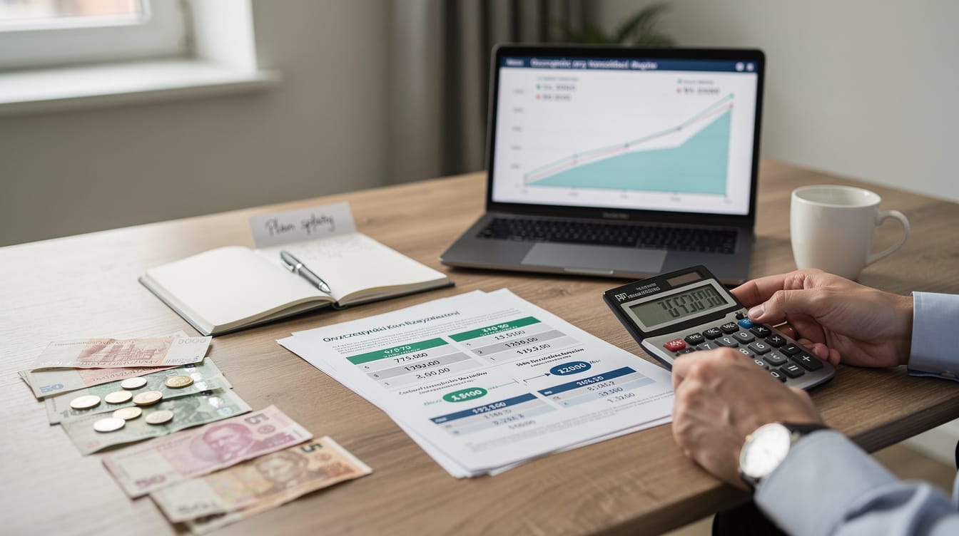 Osoba siedzi przy biurku z dokumentami finansowymi, kalkulatorem, różnymi walutami, notatnikiem i laptopem wyświetlającym wykres liniowy - koncentrując się na opłacalności podczas przeglądania finansów. Na biurku znajduje się również kubek i wizytówka z napisem "finanse".