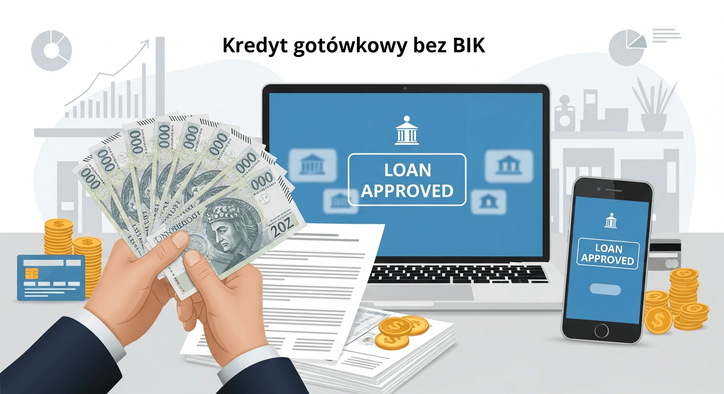 Osoba trzyma polskie banknoty przed dokumentami, z laptopem i smartfonem wyświetlającym "ZATWIERDZONO POŻYCZKĘ". W tle monety, karta kredytowa i wykresy biznesowe. Tekst w języku polskim brzmi "Kredyt Gotówkowy Bez BIK - szybkie finansowanie.