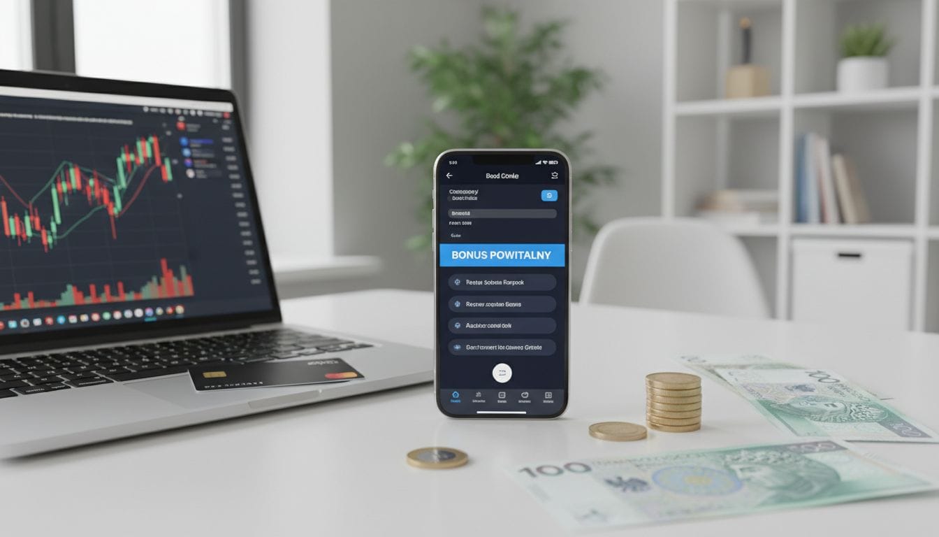 Smartfon wyświetlający aplikację finansową stoi na białym biurku obok laptopa pokazującego wykres giełdowy. W pobliżu rozrzucone są polskie banknoty i monety, sugerujące ofertę konta 2026 z premią za konto. W tle pojawiają się półki i wystrój biura.