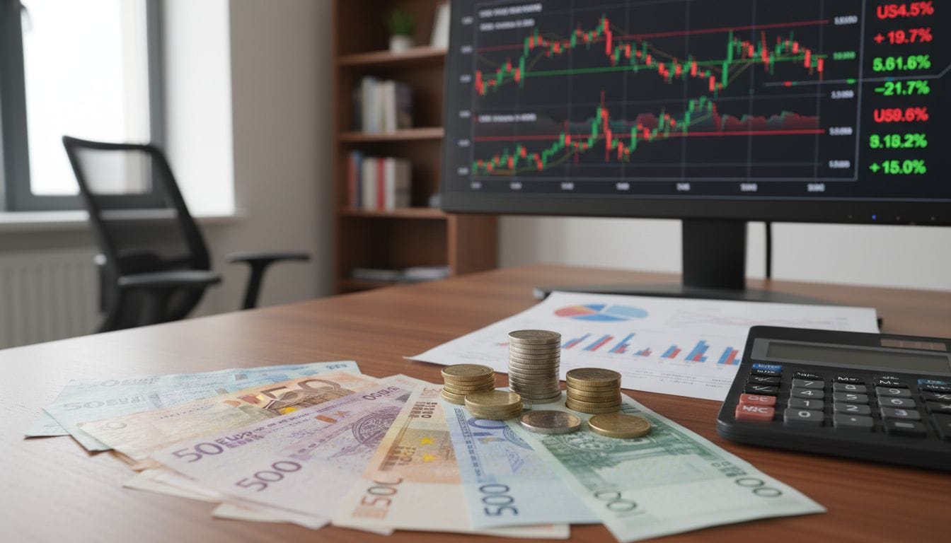 Biurko z banknotami euro, stosami monet, kalkulatorem i wykresami finansowymi zapewnia analizę i informacje, podczas gdy monitor komputera wyświetla wykres giełdowy w otoczeniu biurowym.