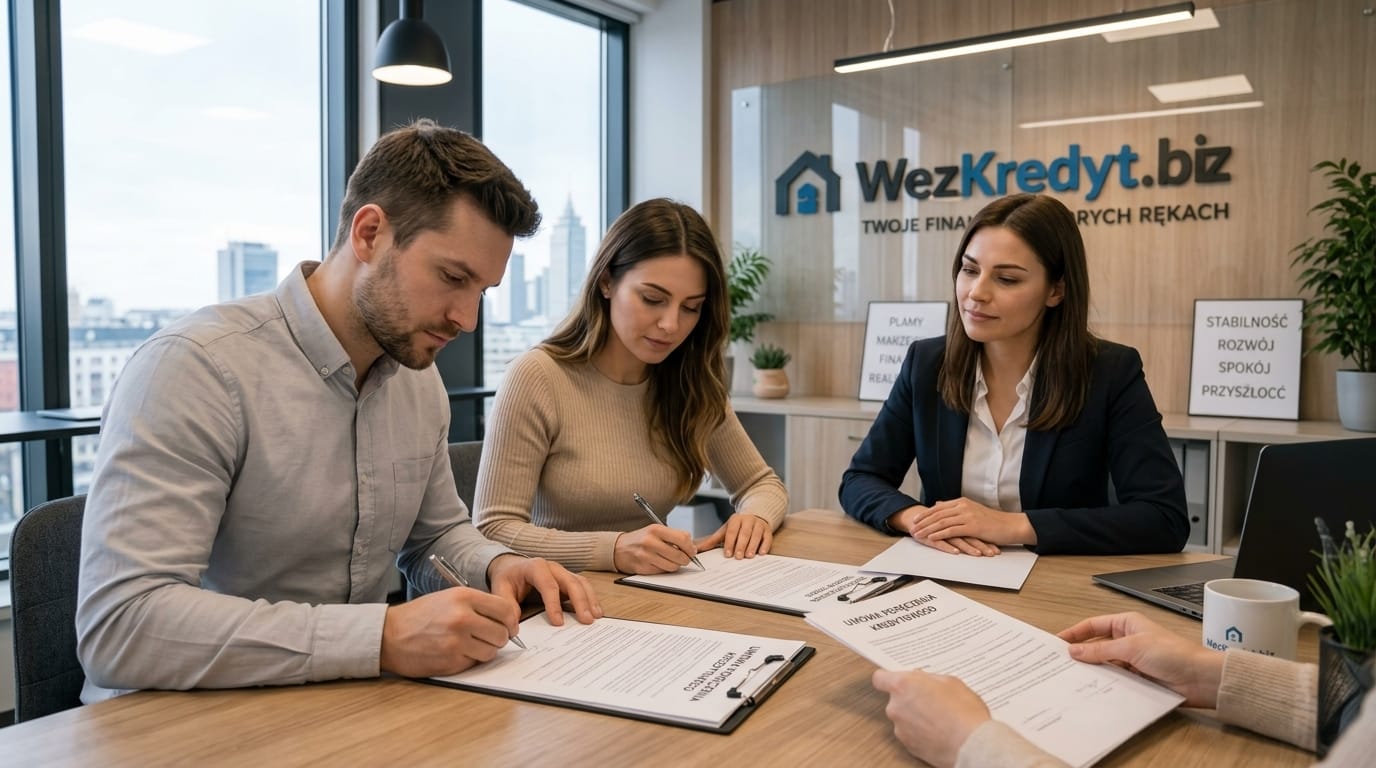 Trzy osoby siedzą przy biurku i podpisują dokumenty finansowe – wśród nich jest poręczyciel – w biurze, na ścianie którego widnieje napis „WezKredyt.biz”.