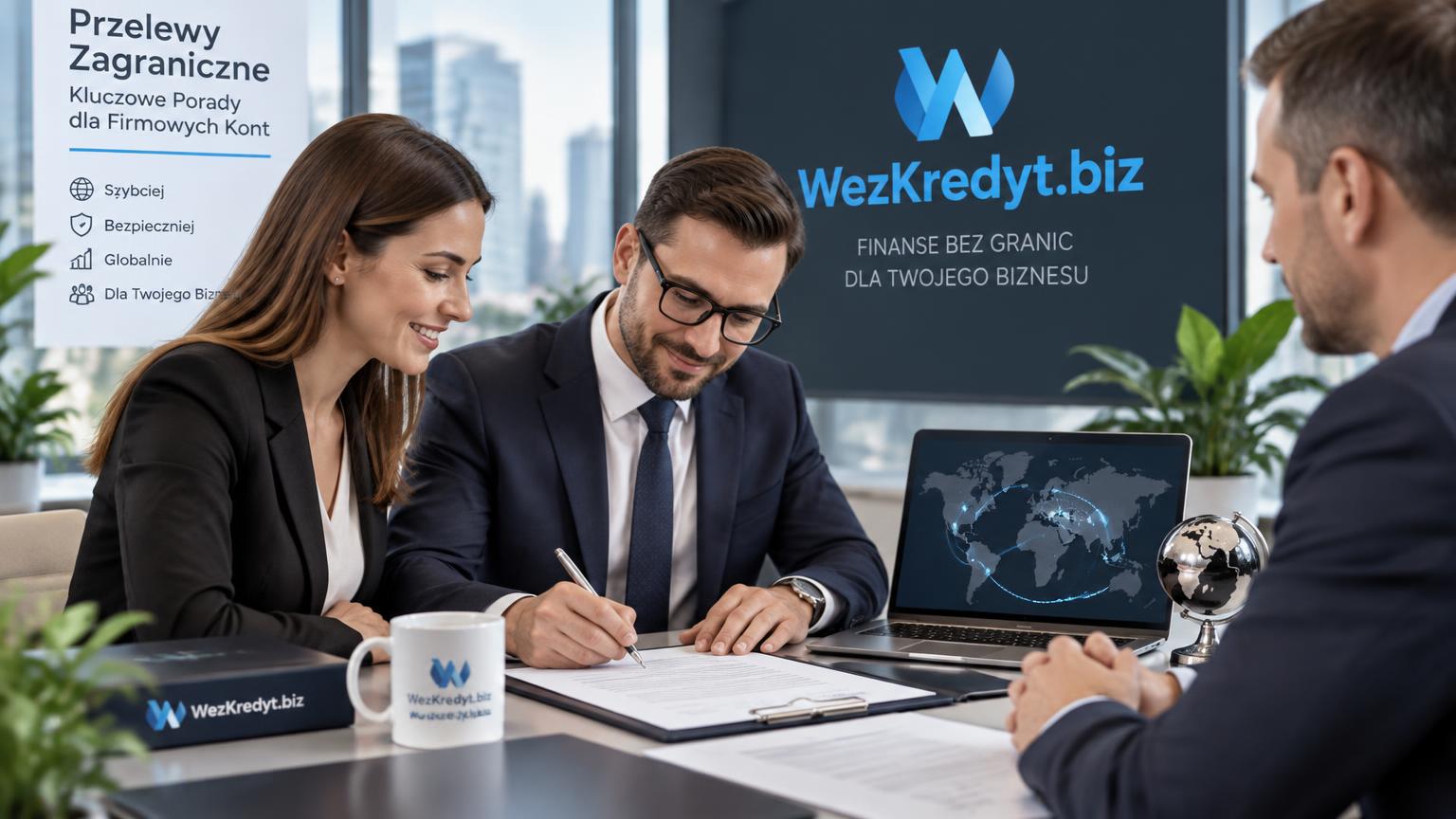 Trzech biznesmenów w garniturach przegląda dokument przy stole konferencyjnym, a w tle widać laptopa z wyświetloną cyfrową mapą świata przedstawiającą międzynarodowe przelewy zagraniczne oraz elementy identyfikacji wizualnej firmy.