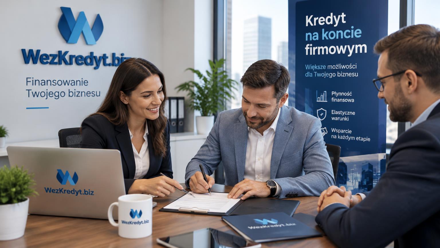 Dwoje pracowników przy biurku przeglądających i podpisujących dokumenty dotyczące konta firmowego w biurze oznaczonym logo WezKredyt.biz.
