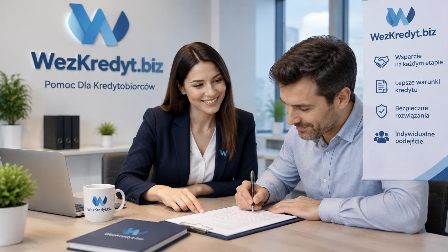 Kobieta w marynarce pomaga mężczyźnie podpisującemu dokumenty przy biurku z logo WezKredyt.biz, które służy do udzielania kredytów.