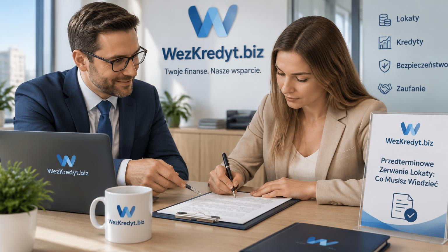Mężczyzna w garniturze i kobieta podpisują dokument dotyczący przedterminowego rozwiązania lokaty przy biurku z logo WezKredyt.biz.